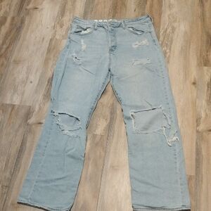 Blue Flare Wide Leg Jeans with Distressed Details